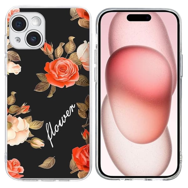 Vibe iPhone 15 Plus -kansi - Musta Tausta Kukkia Black