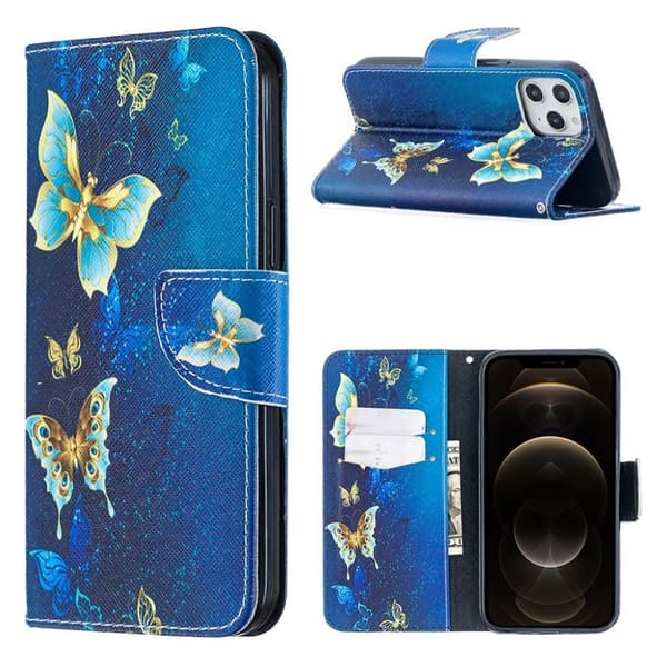 Wonderland iPhone 12 Pro Max flip etui - Sommerfugl I Blåt Og Guld Blue