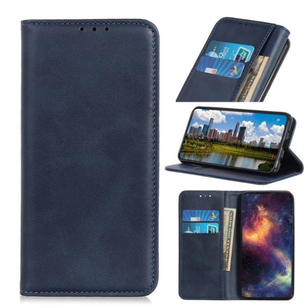 Lompakko-style Aitoa Nahkaa Läppäkotelo For Samsung Galaxy M32 - Sininen Blue