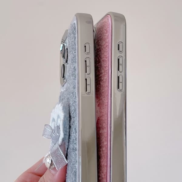 iPhone 15 Pro Max Case 3D Lace Heart Towel Felt Texture Flexible Electroplating Phone Cover - Grey Silver grey