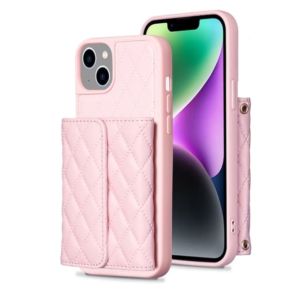 Stilfuldt og alsidigt rombeformet pungcover til iPhone 14 Plus Pink
