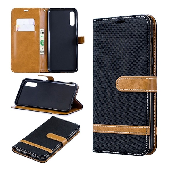Samsung Galaxy A70 tofarvet jeans lædercover - sort Black