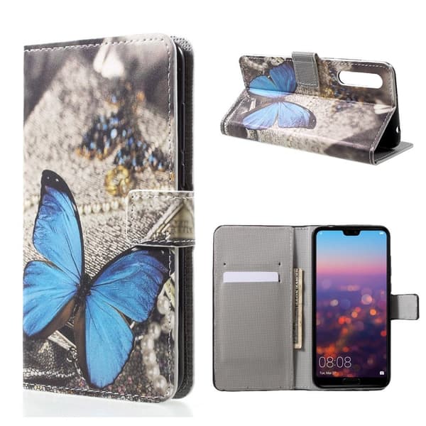 Huawei P20 Etui laget av kunstlær og silikon – Blå sommerfugl Multicolor