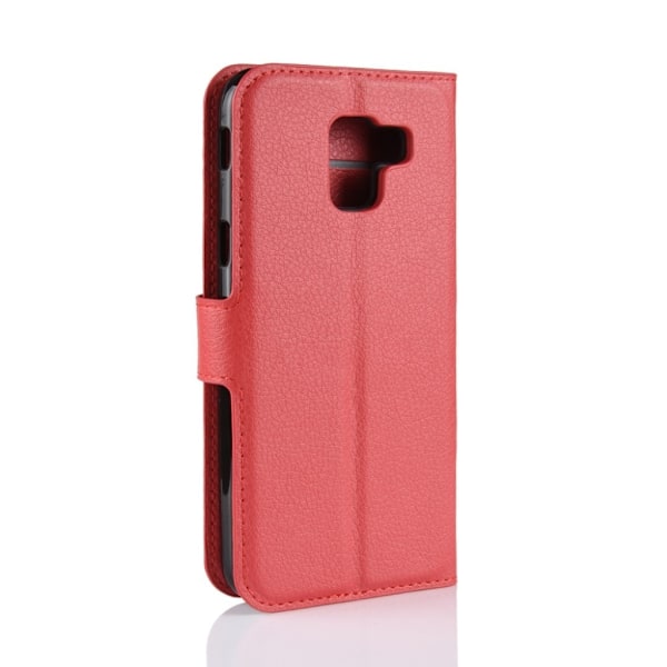 Samsung Galaxy J6 mobiletui i lædermateriale med Litchi overflade samt magnetisk lukkeklap - Rød Red