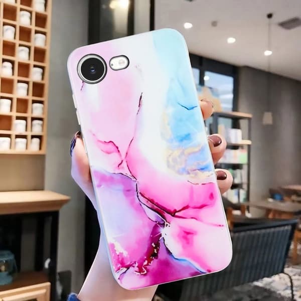 iPhone 16e Etui Marmormønster Malet Fleksibelt telefonbagcover - Lyserød / Blå Pink