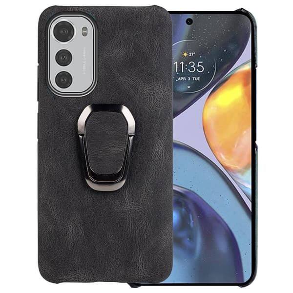 Stødsikker Læder Cover med Oval Stativ til Motorola Moto E32 - Sort Black