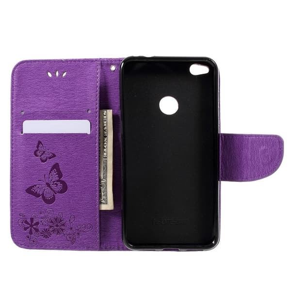 Huawei Honor 8 Lite etui av lær /m inngravert mønster & stropp - Lilla Purple