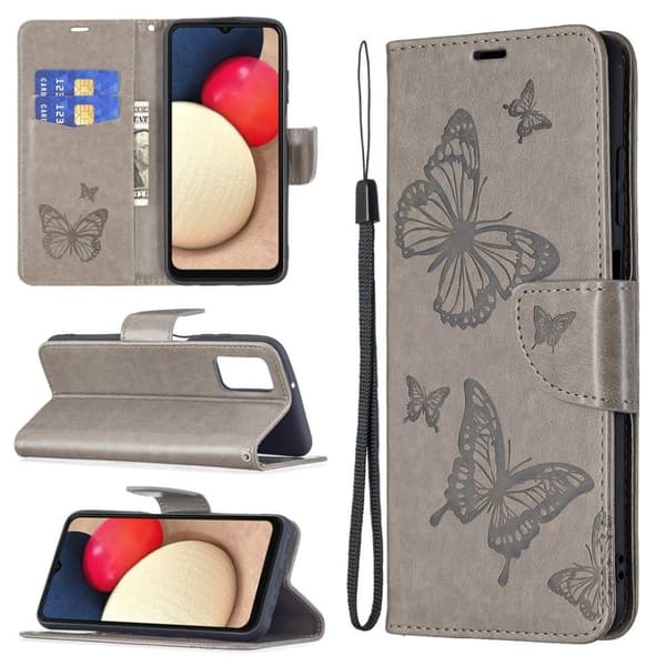 Butterfly Samsung Galaxy A03s Läppäkotelo - Harmaa Silver grey