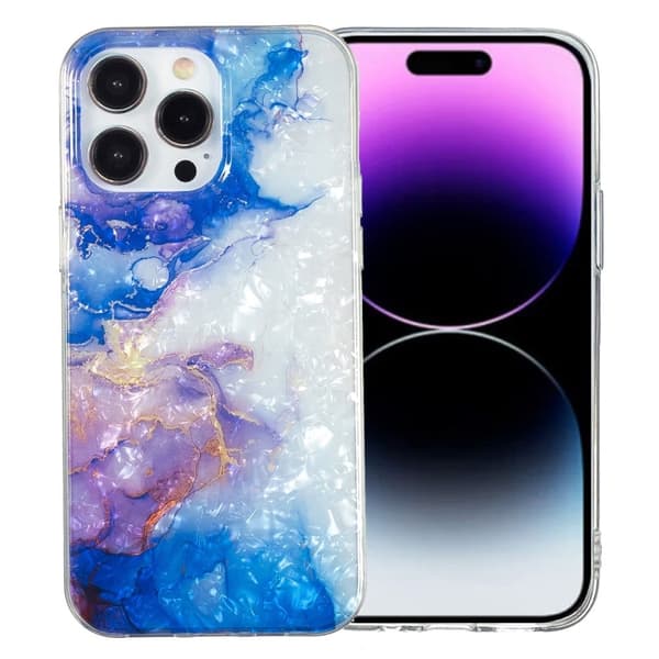 Marble iPhone 14 Pro Etui - Sky Blue Lilla Klinkekule Blue