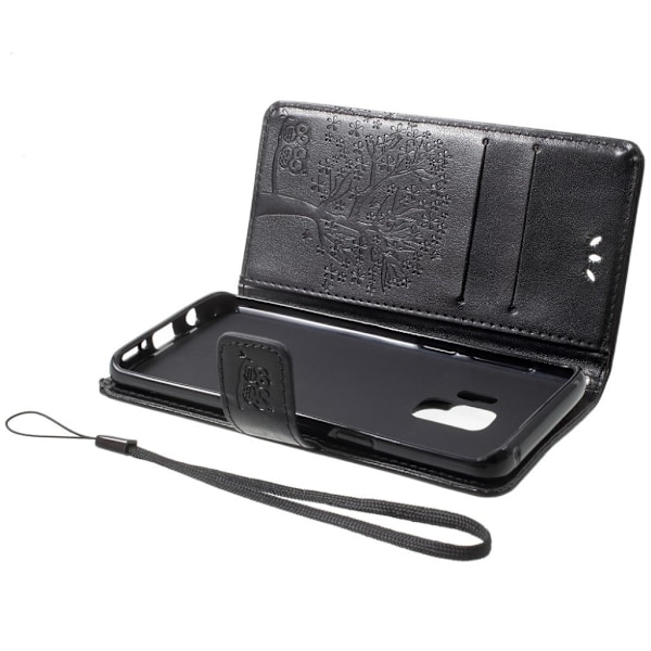 Samsung Galaxy S9 stemplet Træ ugle PU læder flip etui - Sort Black