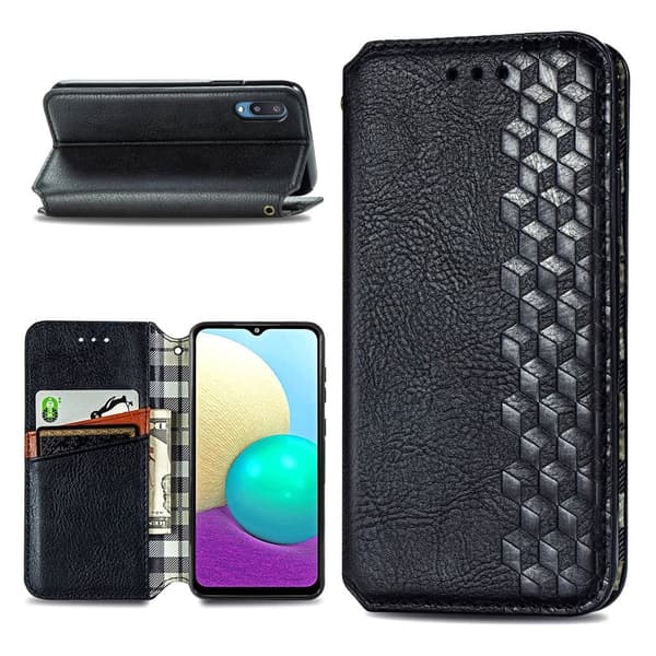 Læder Etui med A Stil Rhombus Imprint til Samsung Galaxy A02 - Sort Black