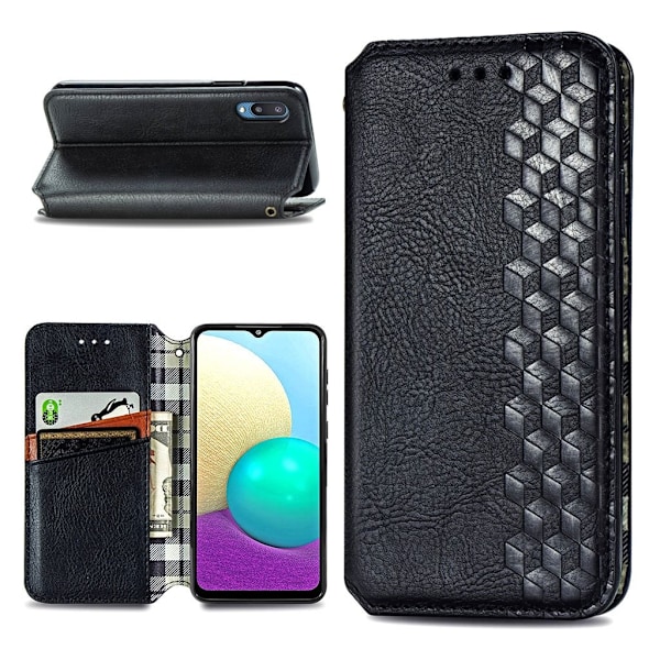 Nahkakotelo With A Stylish Rhombus Imprint For Samsung Galaxy A02 - Musta Black