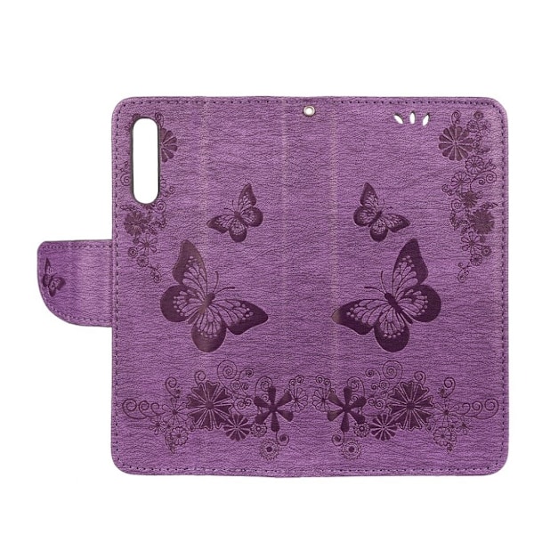 Samsung Galaxy A50 sommerfugleprint på lædercover - lilla Purple