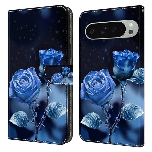Google Pixel 9 Pro XL plånboksfodral mönstrat tryck stativ läder flip telefonskal - Blå Rosor Blå