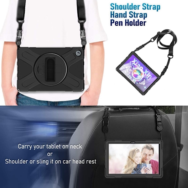 Lenovo Tab M10 Plus (Gen 3) 360 graders drejeligt silikonecover med håndrem - Sort Black