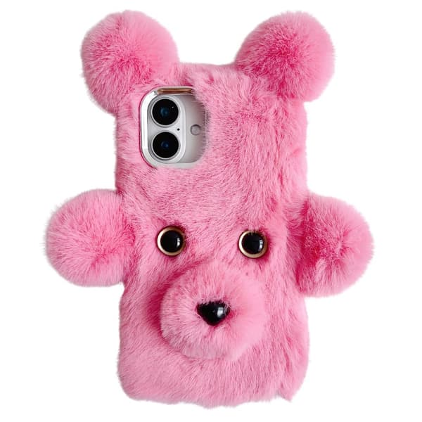 iPhone 16 Plus-etui 3D Bear Faux Fur Fluffy Inner Flexible Phone Cover - Lyserød Pink