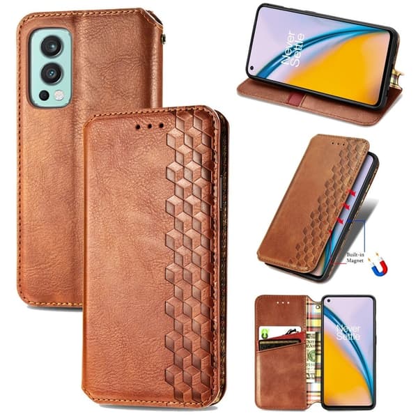 Läder OnePlus Nord 2 5G fodral med romb-design - Brun Brun