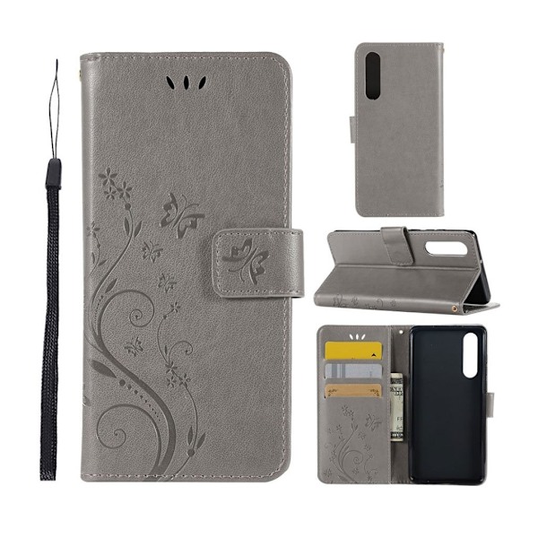 Huawei P30 painettu Perhonen Kukka nahkainen flip suojakotelo - Harmaa Silver grey