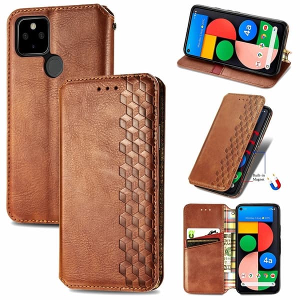 Läder Google Pixel 5a fodral med romb-design - Brun Brun
