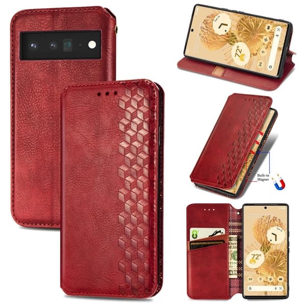 Læder Etui med A Stilfuldt Rhombus Tryk til Google Pixel 6 Pro - Rød Red