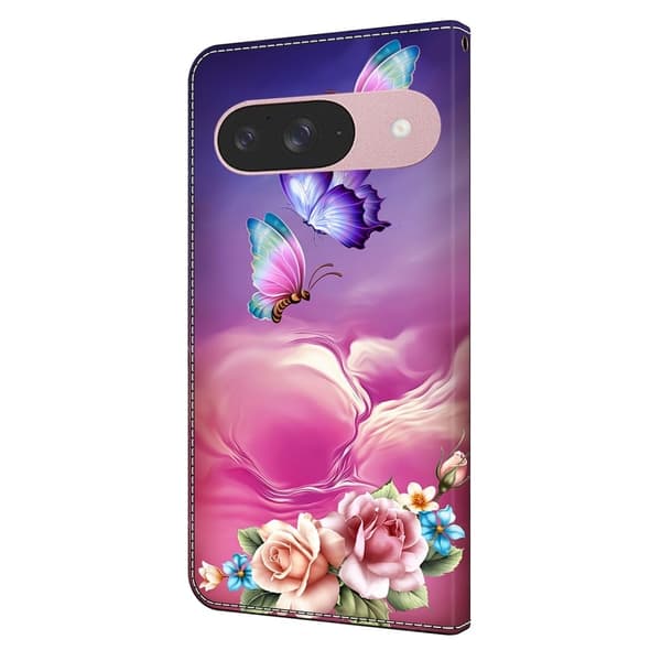 Google Pixel 9 / 9 Pro plånboksfodral mönstrat tryck stativ läder flip telefonskal - Blommig Fjäril Rosa