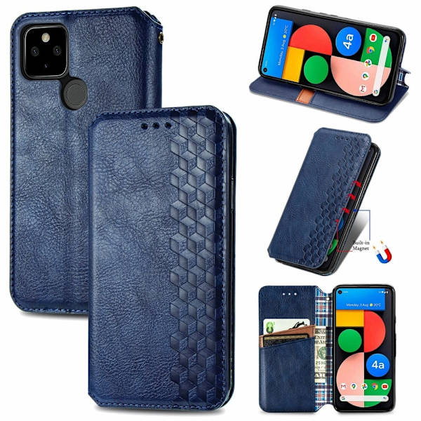 Läder Google Pixel 5a fodral med romb-design - Blå Blå