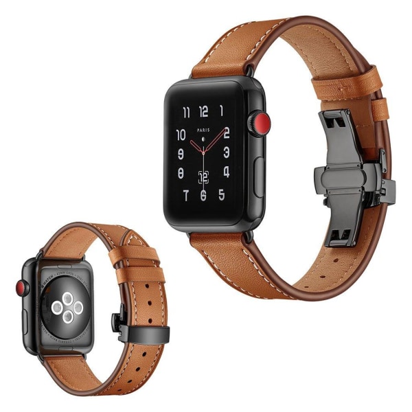 Apple Watch Series 5 40mm holdbar ægte læder Urrem - Sort Spænde / Lysebrun Brown