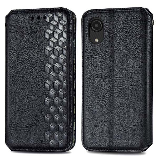 Læder Etui med A Stilfuldt Rhombus Tryk til Samsung Galaxy A03 Core - Sort Black