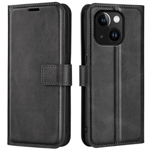 Hållbart konstläder iPhone 15 Plus fodral med plånbok - Svart Svart