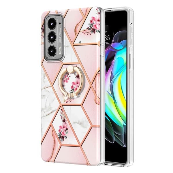 Marble Mønstret Cover med Ring Holder til Motorola Edge 20 - Lyserøde Blomster Pink