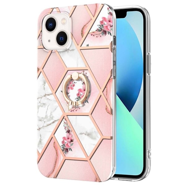 Marble Mønstret Deksel med Ring Holder til iPhone 14 - Rosa Blomster Pink