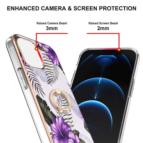 Marble Patterned Suojakuori With Ring Holder For iPhone 13 - Purple Flowers Purple