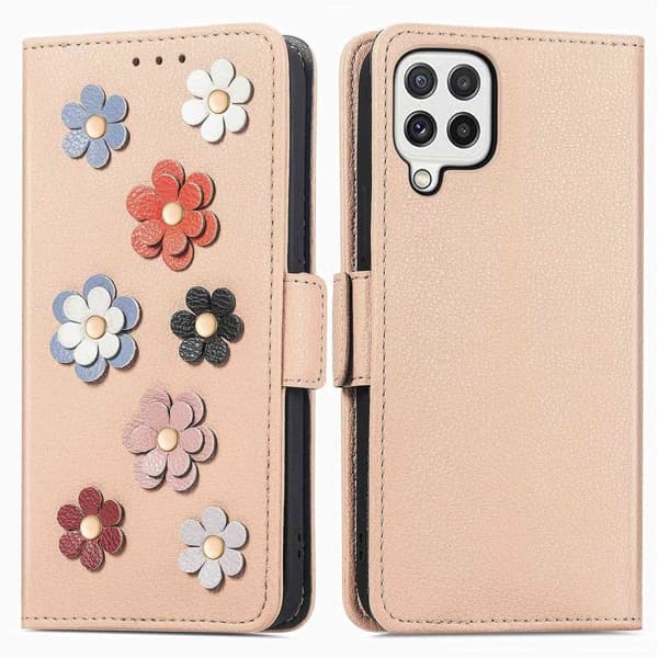 Blødt Samsung Galaxy A22 4G læderetui med blomsterdekoration - Brun Brown