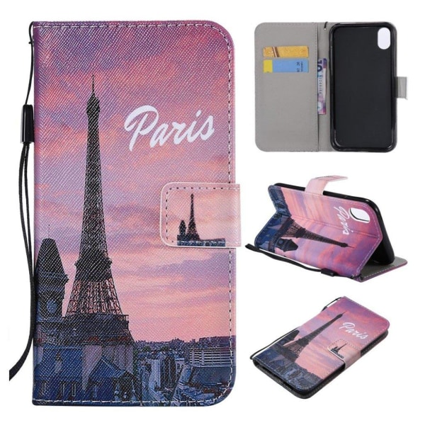iPhone Xr mønstret lys plet læder flip cover - Paris Multicolor