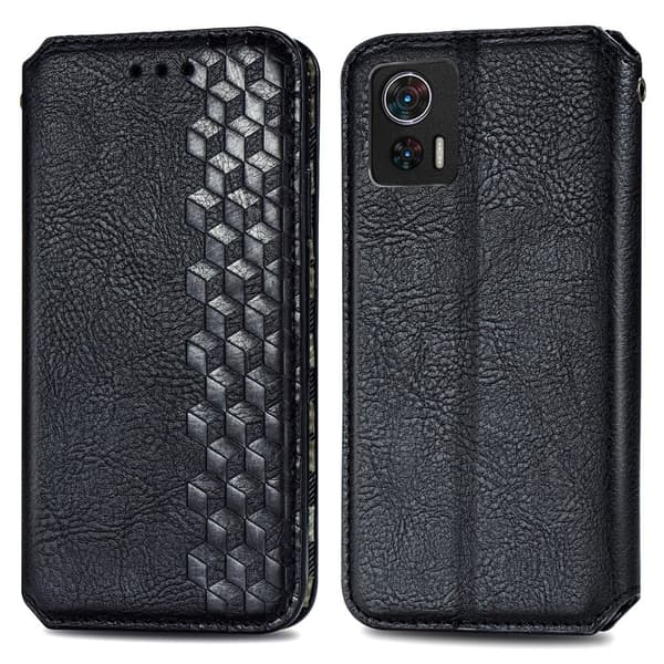 Læder Etui med A Stilfuldt Rhombus Tryk til Motorola Edge 30 Neo - Sort Black