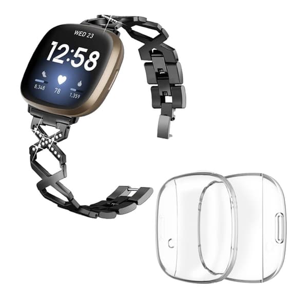 Fitbit Sense / Versa 3 X-formad klockrem med strassdekor och genomskinligt skydd - Svart Svart
