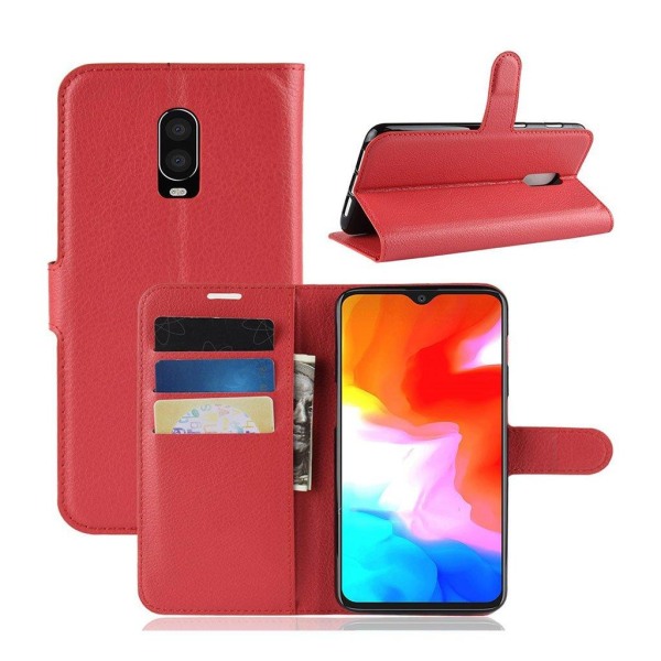 OnePlus 6T litchi skin leather flip case - Red Röd