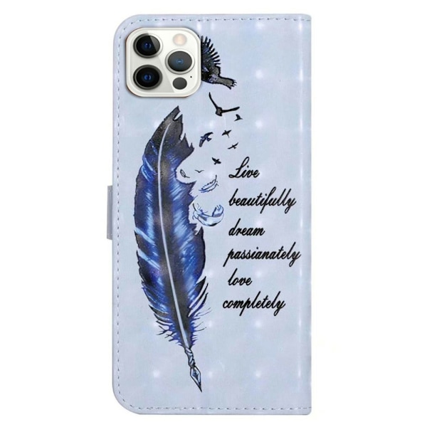 iPhone 16 Pro Max Case Flip Wallet 3D Pattern Leather Phone Cover - Blå Fjer Blue