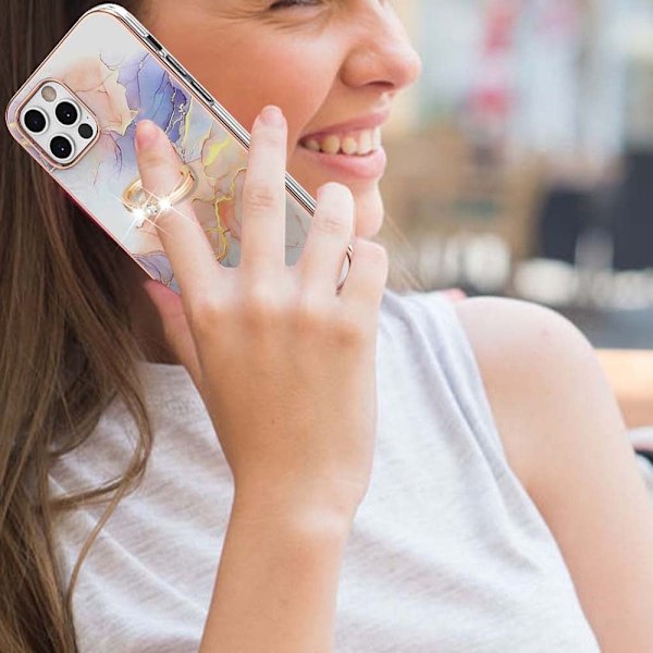 Marble Patterned Suojakuori With Ring Holder For iPhone 12 Pro Max - Milky Way Marble White Multicolor