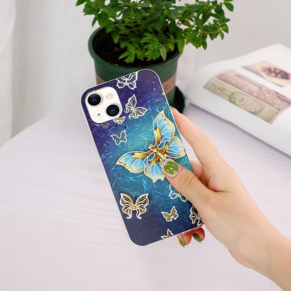 Marble iPhone 15 Plus Suojakotelo - Electroplated Butterflies Blue
