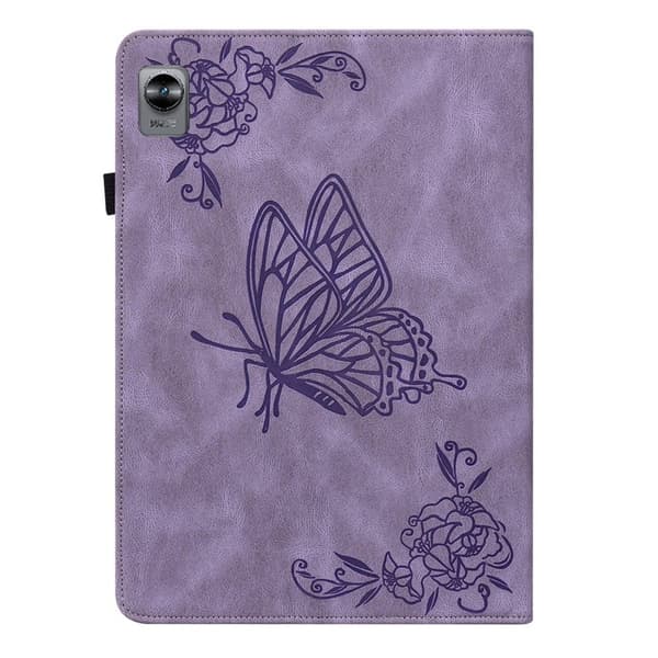 Realme Pad Mini läderfodral med fjärilsblommönster - Lila Lila