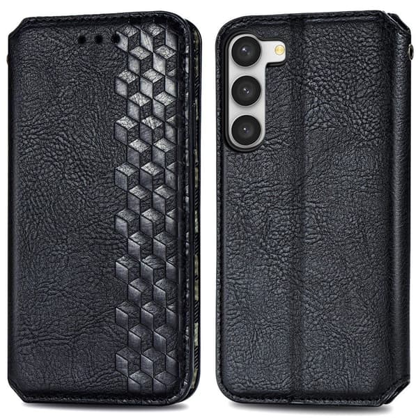 Læder Etui med A Stilfuldt Rhombus Tryk til Samsung Galaxy S23 Plus - Sort Black