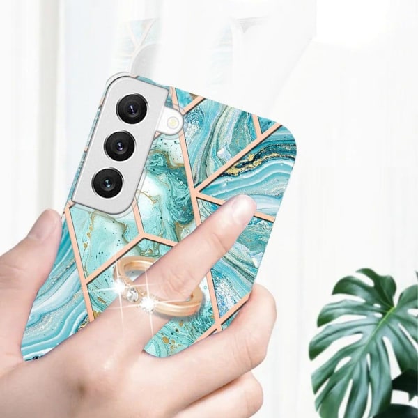Marble Mønstret Cover med Ring Holder til Samsung Galaxy S23 - Blå / Grøn Blue