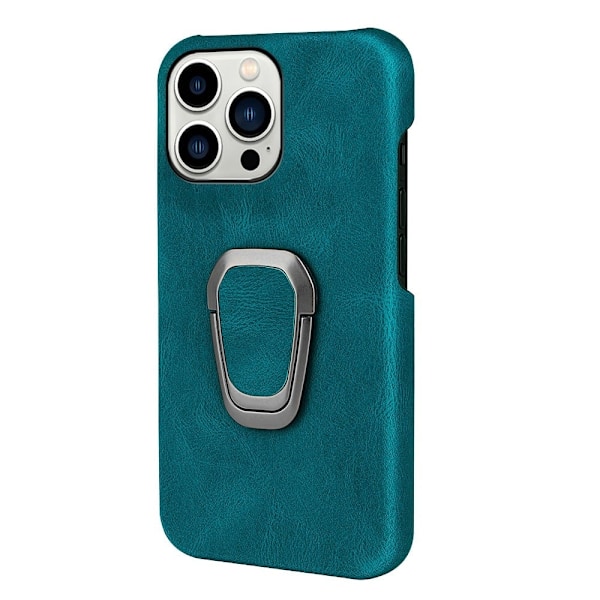 Shockproof Läder Skal med Oval Kickstand till iPhone 14 Pro - Cyan Grön