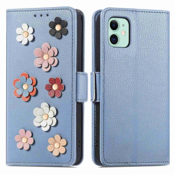 Blødt iPhone 12 Mini læderetui med blomsterdekoration - Blå Blue