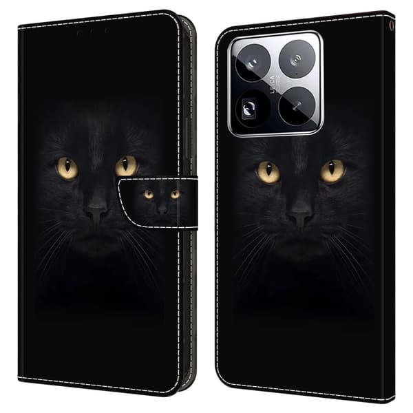 Xiaomi 15 Pro Etui med magnetisk lås 3D-mønster Læderpung Telefoncover - Sort Kat Black