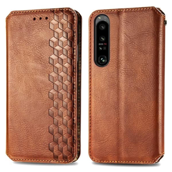 Læder Etui med A Stilfuldt Rhombus Tryk til Sony Xperia 1 IV - Brun Brown