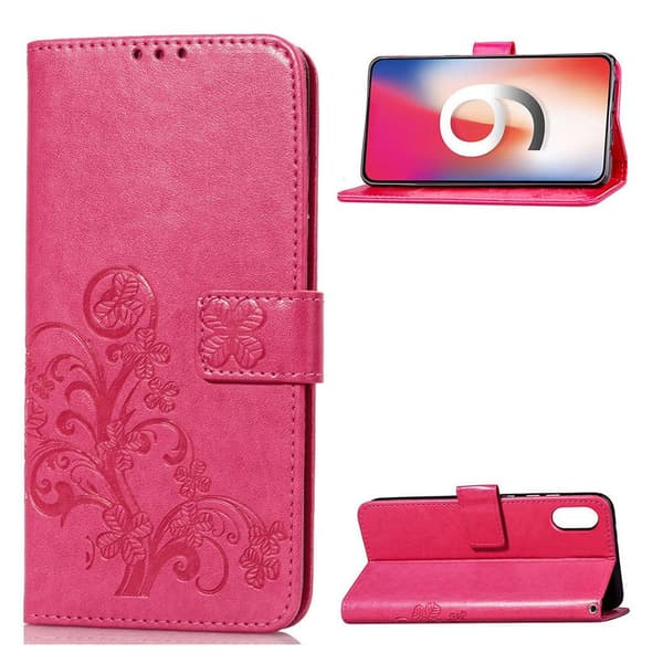 iPhone Xs Max læder flip cover med kløvermønster - Rose Pink