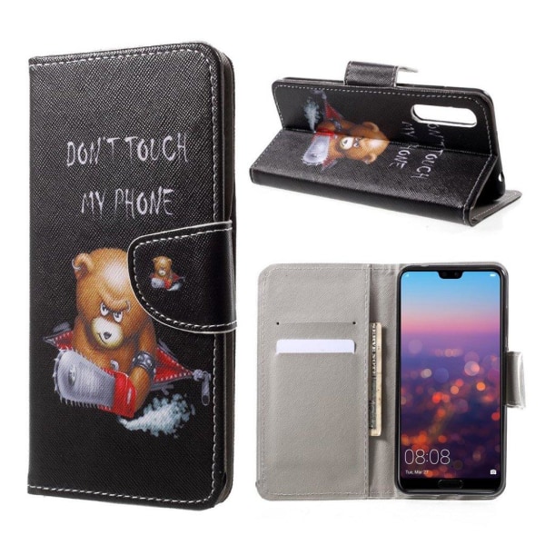 Huawei P20 Printet Mønster PU læder flip etui - Brun bjørn og advarende ord Multicolor