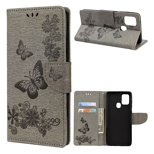 Butterfly läder Samsung Galaxy A21s fodral - Silver/Grå Silvergrå